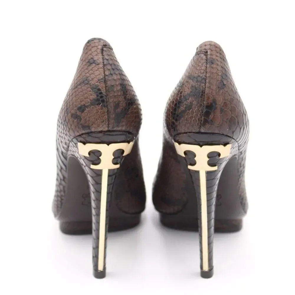 Tory Burch Brown Python Embossed Platform Leather Pumps Sz 6M